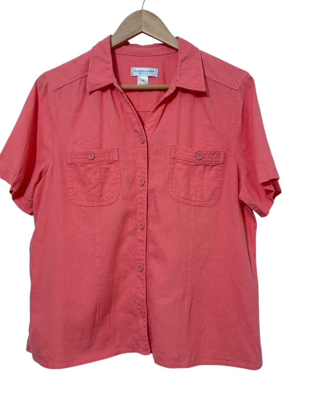 Christopher & Banks Womens Coral Linen Blend Button Down Shirt Size Petite L